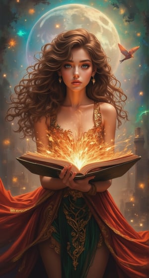 Create an image of a beautiful attractive young European woman with long curly hair standing in front of an open book. She seems to be traveling between worlds, and scenes from different fantasy worlds emerge from the pages. Her eyes are wide and full of wonder, and her flowing costume gives a sense of movement. The background shifts between vibrant colors, magical creatures, the colorful glow of magic and ancient cities, blending together seamlessly, as if the world in the book is coming to life around her. Beautiful magical fantasy art.