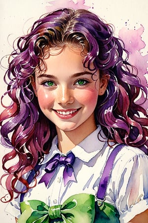 (Author Conrad Rosset), (1949s, 17-year-old girl, cute smile, green eyes, long curly hair, purple hair, white ribbon, wink), mixed color watercolor, drawing, (deliberately beautiful),