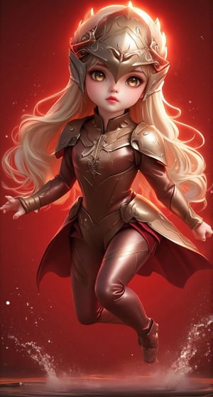 1girl, very beautiful charming girl, very evil girl, evil costume, full body, mecha girl, red gradient background, female mecha creature magic helmet, impressive woman, blond silky long wavy hair , Ji Qie, big golden eyes, long eyelashes, blond hair, long wavy hair, light particles in the air, water particles in the air, serious face, beautiful face, looking at the audience, dynamic pose (jumping) , masterpiece quality, stunning images. baroque art.