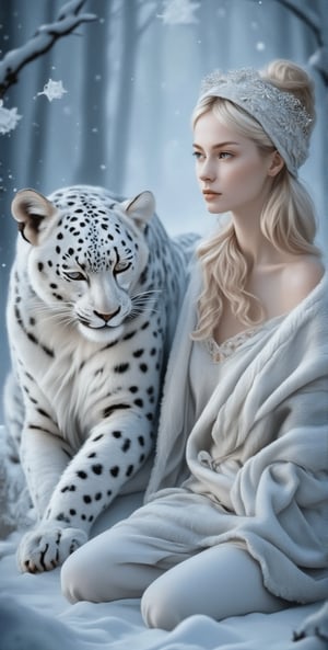 A beautiful and charming young European woman sits near a male (white leopard: 1.2) against a snowy background with fluttering snowflakes. Professional shutter photography captures the subtle structure of the snowflakes. Extremely beautiful. Magazine photography. Neoclassicism.