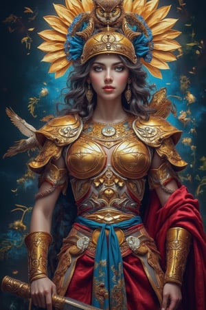 (Masterpiece, Top Quality, Best Quality, Official Art, Beauty and Aesthetics: 1.2), Extremely Detailed, (Fractal Art: 1.3), Colorful, Supreme Details, Dreamy Atmosphere, Vibrant Colors. The image of the goddess Athena merged with the beautiful face of an Indian girl, a mythical creature from Greek mythology. She exudes a warlike and majestic temperament, wearing ancient Greek battle uniforms and a helmet to protect her palace. Beside her, an owl, an olive branch, a snake, a reed pen, a spinning rod, and a devil-faced spindle appear. As a goddess of beauty and wisdom, one of the twelve Olympian gods, she stands in a dimly lit background, with shadows accentuating her exquisite figure. The overall atmosphere is one of mystery and awe, capturing her powerful and blessed nature.