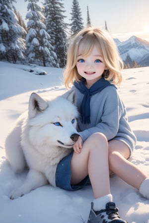 A little girl with blond hair and very fair skin. She is only 4 years old, but she grew up with a snow wolf with white fur and blue eyes. The snow wolf loves the little girl very much. He can put her to sleep and carry her on the grassland. The little girl always smiles happily. The little girl is extremely beautiful, with blue eyes, very lively, and long and thick eyelashes. To make her even more beautiful, she would often roll around on the grass with the snow wolf. The little girl wears all kinds of cute clothes. Outdoors, sunshine, mountains, trees, flowers, birds, butterflies. light and shadow. 