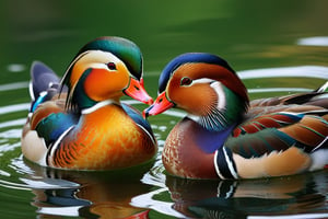 Close-up, cute mandarin ducks, beautiful feathers, shiny, mandarin ducks are in pairs, so the male and female pairs play together. In the pool, they will put their heads together. Sometimes it flaps its wings and splashes water. The male's feathers are brighter than the female's, and their love has been compared to a loving couple since ancient China. Modifiers: Alphonse Mucha, boris valejo dedecent illustration, Anne Boonchuy, art_booster, BlackworkStyleManityro, WOWAI, Expressiveh, Apoloniasxmasbox