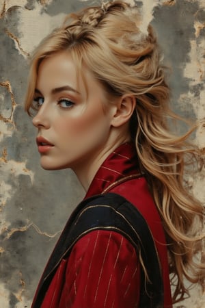 Realistic closeup shot of a stunning, elegant 28-year-old European woman wearing dark red pinstripe tailoring, with long bright golden blonde hair and bright blue-gray eyes. She performs the professional pose of a sexy female model with her head raised, in a double exposure, blending the complex art styles of Alex Stoddard, Natalia Drepina, and Brooke Shaden. The surrealism is depicted on a cracked paper, creating an extremely dynamic, unusual, retro atmosphere. 128K illustration, highly detailed, high budget, bokeh, wide cinema, moody, epic, gorgeous, film grain, grainy, high-quality photography, 3-point cinematic glory lighting, soft focus flash, Canon EOS R3, HDR, smooth, sharp, high-resolution, award-winning action photos, jump photos, 50mm, wide-angle shot, away from the camera, full body, f2.8, bokeh, side view.