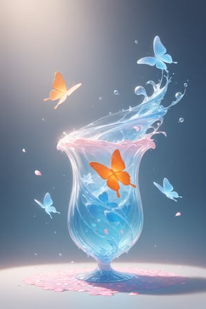 {Elegant crystal glass magnum with beautiful curves filled with marbled light orange and white and blue liquid (clear) forming the shape of a butterfly. Butterflies and textures. Smooth insect silhouettes with undulating dynamic movement. Pastel petals float around the vase. }