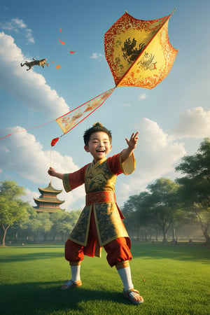 A masterpiece image of a fair-skinned, blue-eyed young boy dressed in traditional Han dynasty children's attire, joyfully playing with a high-flying kite on a lush green lawn. The kite, intricately designed with a contemporary master's ink-wash painting of a lively tiger, appears to animate as it soars through the sky, enhanced by cinematic visual effects. The scene is captured with the highest quality, showcasing the boy's delight and the dynamic interplay of the kite and its artistic design, creating a visually stunning and evocative composition.