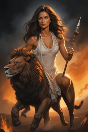 Oil painting in Frank Frazetta style, portrait of a super sexy and beautiful woman, more beautiful than a Western female supermodel, wearing a white transparent tunic. Her facial features are in perfect three-dimensional proportions, and her body is also in perfect proportions. She rides a horse, with a large lion leaping beside her, holding a spear, ready to fight. Fire illuminates dark nights, stormy skies, and fiery horizons. Light and shadow interplay, masterpiece, set in a world of fanaticism.