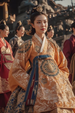 A beautiful woman, more stunning than a Korean supermodel, dressed in a traditional Korean hanbok adorned with intricate royal embroidery. She exudes dignified grace, followed by a group of attendants in elegant, patterned hanboks. Leading the procession, maids and concubines in traditional attire walk ahead. The woman, with a serene smile, glances at the audience, poised to meet the Joseon king. The scene is set against a backdrop of a steampunk engine, blending historical and futuristic elements. Masterful light and shadow create a perfect, detailed work.