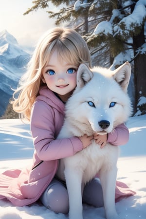 A little girl with blond hair and very fair skin. She is only 4 years old, but she grew up with a snow wolf with white fur and blue eyes. The snow wolf loves the little girl very much. He can put her to sleep and carry her on the grassland. The little girl always smiles happily. The little girl is extremely beautiful, with blue eyes, very lively, and long and thick eyelashes. To make her even more beautiful, she would often roll around on the grass with the snow wolf. The little girl wears all kinds of cute clothes. Outdoors, sunshine, mountains, trees, flowers, birds, butterflies. light and shadow. 