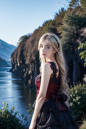 A charming digital art portrait of a young woman, located in the right third of the frame. Background: blue sky and white clouds, simple and tidy, perfect light, 1 girl, Guan Xiaotong, Lin Chiling, the beauty has blue eyes, long and dense eyelashes, and the golden ratio of the facial features is extremely beautiful. Beautiful long wavy blonde hair that is so silky. When it is illuminated by the sun, it also reflects a beautiful golden light, which is extremely beautiful. A masterpiece, of the highest quality. Light and shadow, visual design. Cinematic high-speed photography effects. Back star: mountains, water, flowers, trees, grass, butterflies, birds, eagles, drones. Full body, viewing the viewer from top to bottom.
