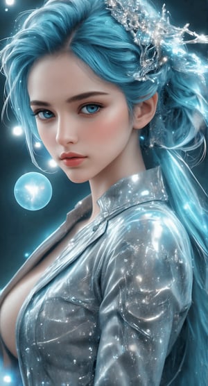 In a mesmerizing full-body portrait, the cyborg beauty sits regally, ice blue locks flowing like glaciers down her back. Her flawless face, frozen in a direct gaze, exudes confidence. The mecha-armor glistens with high gloss, highlighting intricate design and curves. A sparkling hairpin jewel crowns her head, radiating against the cinematic light that casts dramatic shadows across her figure. Every detail is meticulously rendered in CG illustration, as if painted by a master artist. Amidst this visual splendor, large holographic circles hover in the background, adding an otherworldly ambiance to the scene.