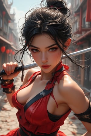 Close-up portrait of the fighting and beautiful "Chunxiang", 128, wearing the "Chunxiang Dress" in the fast fighting whirlwind, holding a sword, with a vibrant city street in the background. The image features intricate detail, capturing her confident expression and dynamic pose. The style is a fusion of Ivan Talavera and Artgerm, with Artgerm's signature hyper-detailed aesthetic. The lighting is very dramatic, highlighting her features and the texture of her clothes. The composition is centered, focusing on Chun-Li's powerful presence.