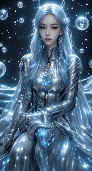 In a mesmerizing full-body portrait, the cyborg beauty sits regally, ice blue locks flowing like glaciers down her back. Her flawless face, frozen in a direct gaze, exudes confidence. The mecha-armor glistens with high gloss, highlighting intricate design and curves. A sparkling hairpin jewel crowns her head, radiating against the cinematic light that casts dramatic shadows across her figure. Every detail is meticulously rendered in CG illustration, as if painted by a master artist. Amidst this visual splendor, large holographic circles hover in the background, adding an otherworldly ambiance to the scene.