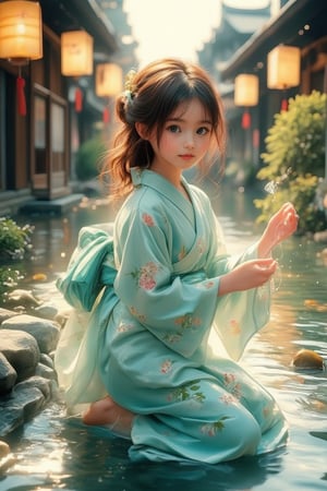 A medium shot of a young girl in a traditional kimono kneeling on the bank of a peaceful river, her large bright blue eyes and silky brown hair catching the soft sunlight and illuminating her pensive face. She gently releases Toro water into the flowing river, with the composition centered around her and the river and vibrant lanterns radiating outward. Watercolor strokes in soft blue and green tones create a peaceful atmosphere, while warm lights and floating lanterns add a soft glow to the tranquil scene.