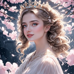 Close-up of a young girl with striking light blue eyes and long, thick eyelashes, resembling a 20-year-old Grace Patricia Kelly. She is adorned with a crown, captured in a full-body shot wearing a stunning princess dress. She stands elegantly, dancing to enchanting music, her face lit with a joyful smile. Cherry blossom braids float beautifully around her, enhancing the scene's high-quality aesthetic. The illustration is inspired by the styles of Alphonse Mucha, Boris Valejo, Anne Boonchuy, and BlackworkStyleManityro, enriched with art_booster and WOWAI elements, showcasing expressive and detailed artistry.