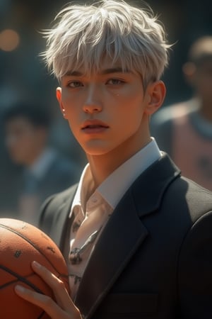 (Best Quality, 128K, High Resolution, Masterpiece: 1.2), Ultra Detailed, (Realistic: 1.37), A tall, 188 cm man with extremely white skin, short hair, and formal clothes, holding a basketball. His handsome, detailed eyes focus intently, pursed lips showing determination. He stands on a basketball court, about to shoot. Bokeh lighting enhances the portrait, highlighting his poised action. Male focus, high-resolution detail.