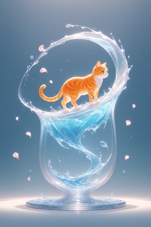 {Elegant crystal glass locomotive with beautiful curves filled with marbled orange and white liquid forming the shape of a cat. Cats have hair and texture. Smooth animal silhouettes with wave-like dynamic movement. Pastel petals float around the vase. }