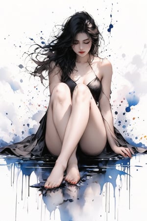 Very beautiful girl, elegant woman, ink drops, ((Color: 1.2)), white background, ((Masterpiece: 2)), medium shot, bare thighs and feet, looking at the viewer, ((Amazing Image: 1.5)), ink art style