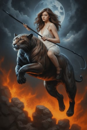 Oil painting in Frank Frazetta style, a super sexy woman in a white sheer tunic, riding a large panther mid-jump, holding a spear, ready for battle. Fire illuminates the dark night, stormy skies, and fiery horizons. Portrait framing, dramatic lighting, dynamic composition, and a world of fanaticism.