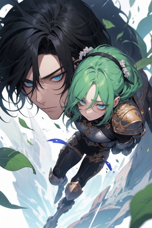 (Masterpiece, best quality, high resolution: 1.1), super-res image, male, female, couple, fantasy, official art, illustration, dynamic angle, knight, niji, manga, drawing, mutual gaze, full body. The female’s eyes are big with green eyelashes and long and dense. The male’s are big blue eyes with long and dense eyelashes. This is a love story about a couple who are very much in love, but also sad.
