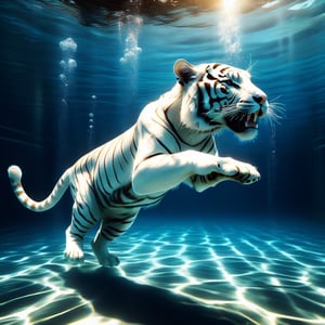 A charming small white tiger gracefully diving and swimming underwater, as if in its natural habitat. The water's ripples and splashes from the tiger's movements bring smiles to nearby swimmers. The tiger exudes confidence, captivating onlookers with its playful demeanor. The scene is illuminated by dynamic light and shadow interplay, with detailed water textures and splashes, creating a masterpiece of underwater wildlife interaction.