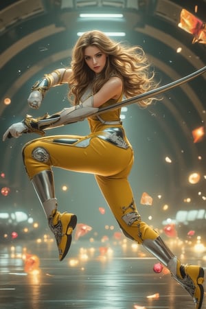 The ultra-energetic and fast-paced photo shows a stunning European woman posing in intense action. She kicked one foot to the side and stabilized her body with the other foot. She held a large sword with a fashionable design in her hand. The hilt was black and gold, and the sword body was shining with silver. Her long and elegant golden silk-like curls The wavy hair is dramatically swept back, giving the impression of movement and intensity. She wore a futuristic sleeveless bodysuit with black and silver accents, a high collar and a circular emblem on the chest. The outfit includes fitted shiny yellow pants with silver side panels, and knee-high silver platform boots with yellow soles. She wore white gloves with black and gold detailing and lipstick. The background is an area that resembles a mechanical enclosed space facility, with floating colored glass shards and colored crystal-like structures scattered throughout, enhancing the sense of movement and energy. The words "Joanna" and "Tensor" are clearly visible in white letters on the top of her outfit. The lighting is bright and even, with high contrast and vibrant saturation highlighting the subject's features and clothing details. The overall composition is centered and balanced, and professional-grade movie lighting emphasizes the futuristic and dynamic nature of the scene. Rococo art.