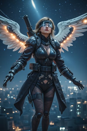 Female special agent, super cute, using an artificial machine hang glider that doesn't require charging and can fly in the air to complete missions. In the night sky, she flies on a machine hang glider, looking up at a mid-waist angle. Fully armed and equipped, wearing a transparent high-tech eye mask analyzer, still handsome and cute. This appearance of the female agent was captured by advanced photography technology. Handsome, perfect, a masterpiece. Super high quality, perfect display, official art.