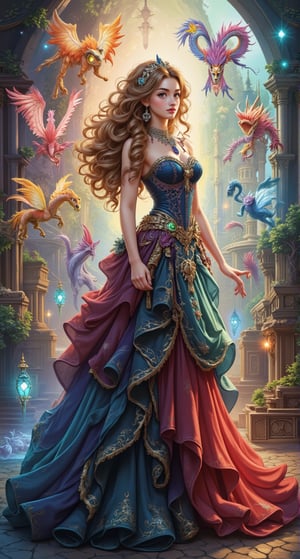 Create an image of a beautiful attractive young European woman with long curly hair standing in front of an open book. She seems to be traveling between worlds, and scenes from different fantasy worlds emerge from the pages. Her eyes are wide and full of wonder, and her flowing costume gives a sense of movement. The background shifts between vibrant colors, magical creatures, the colorful glow of magic and ancient cities, blending together seamlessly, as if the world in the book is coming to life around her. Beautiful magical fantasy art.