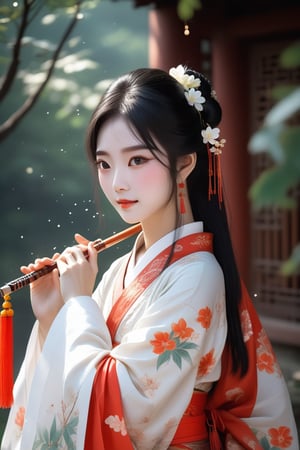 Close-up of a stunningly beautiful girl, Chinese Han Dynasty girl, with big eyes and long eyelashes that make her eyes more lively and beautiful, wearing Han Dynasty clothes and hairstyle, with stunning black hair and long Thick eyelashes, holding a delicate bouquet of jasmine flowers on her fingers. When she looked directly at the audience, she smiled. Her whole body exuded an otherworldly light, and every contour and object on her body seemed to be illuminated by light and sparkle. She couldn't help but play the musical instrument ((flute)) on the spot, which was very elegant and soft. After dancing, she took the paper umbrella and prepared to go back. In the quiet atmosphere of the summer night, the trees were tall, the river flowed quietly, and nocturnal creatures used it. Serenading them with gentle chirps and croaks, our protagonist is like a beacon of loveliness. In Vadimka's new style, every detail has been carefully crafted to create a realistic style that exudes elegance and wonder. (Masterpiece 1.2, 8K) Depth of field.,source_furry,score_5_up,score_6_up,score_7_up,score_8_up,score_9,han fu