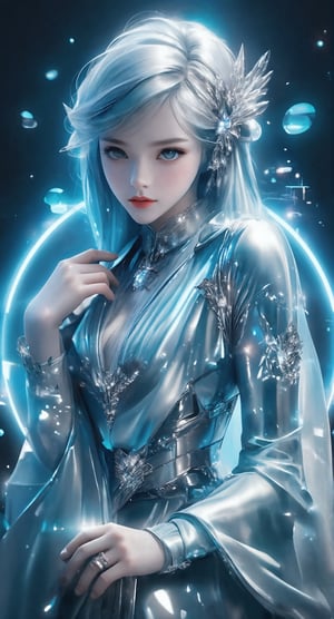 In a mesmerizing full-body portrait, the cyborg beauty sits regally, ice blue locks flowing like glaciers down her back. Her flawless face, frozen in a direct gaze, exudes confidence. The mecha-armor glistens with high gloss, highlighting intricate design and curves. A sparkling hairpin jewel crowns her head, radiating against the cinematic light that casts dramatic shadows across her figure. Every detail is meticulously rendered in CG illustration, as if painted by a master artist. Amidst this visual splendor, large holographic circles hover in the background, adding an otherworldly ambiance to the scene.