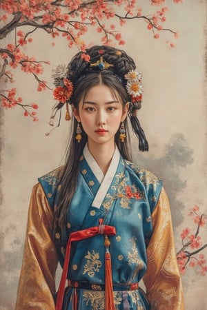 A beautiful European beauty, tall, sexy, and well-proportioned, wears ancient Korean-style clothes and a popular hairstyle. She embodies the casual, practical clothing and customs of ordinary people. The artwork, meticulously depicted in inks, pastels, and lacquers, showcases lifelike quality and masterpiece status. Full Body Display at 128K resolution captures colorful light wavelengths, mesmerizing reflections, and a delicate oil sketch in the center. Ancient art styles highlight beauty and sophistication.