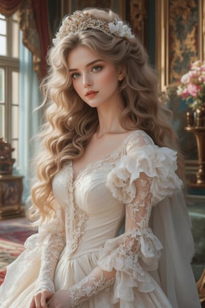 A most beautiful lady in a rococo art style, adorned with flowing, intricate gowns and delicate lace. Her elegant, soft features and gentle expression are captured in a grand, opulent setting, with ornate furniture and lavish decor. The soft, pastel colors and intricate details highlight her beauty and grace, creating a serene and enchanting atmosphere.