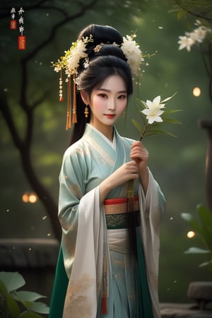 Close-up of a stunningly beautiful girl, Chinese Han Dynasty girl, with big eyes and long eyelashes that make her eyes more lively and beautiful, wearing Han Dynasty clothes and hairstyle, with stunning black hair and long Thick eyelashes, holding a delicate bouquet of jasmine flowers on her fingers. When she looked directly at the audience, she smiled. Her whole body exuded an otherworldly light, and every contour and object on her body seemed to be illuminated by light and sparkle. She couldn't help but dance a dance on the spot, which was very elegant and soft. After the dance, she took the paper umbrella and prepared to go back. In the quiet atmosphere of the summer night, the trees were tall, the rivers flowed quietly, and the nocturnal creatures sang and sang with their gentle calls. As croaks serenade them, our protagonist acts like a beacon of loveliness. In Vadimka's new style, every detail has been carefully crafted to create a realistic style that exudes elegance and wonder. (Masterpiece 1.2, 8K) Depth of field.,source_furry,score_5_up,score_6_up,score_7_up,score_8_up,score_9,han fu