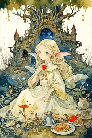 Illustrations of fairy tales from all over the world, myths from another world,
Pagan style graffiti art, general, forest ruins background, etyria,
1girl, the little match girl, many rich meals in one dialog box, masterpiece, best quality, very beautiful, absurd, super detailed, watercolor\(中\), Dreamyvibes Artstyle,