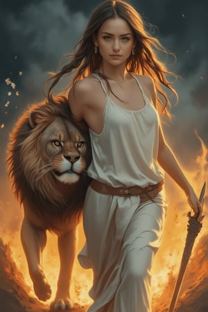 Frank Frazetta style, portrait of a super sexy and beautiful woman in a white transparent tunic, more beautiful than a Western female supermodel. Her facial features are in perfect proportion, and her body is also in perfect proportion. She rides a big dog, with a lion leaping beside her, holding a spear, ready for battle. Fire illuminates dark nights, stormy skies, and fiery horizons. Close-up of a young girl with light blue eyes, long thick eyelashes, looking like an 18-year-old Nicole Kidman, messy hair, full body shot, wearing satin pants, standing, beautifully dressed in various colors, dancing happily in pretty little dresses and casual pop styles. Braids of lilies adorn the sky, extremely beautiful. High quality, influenced by Alphonse Mucha, Boris Vallejo, Anne Boonchuy, art_booster, BlackworkStyleManityro, WOWAI, Expressiveh, Apoloniasxmasbox.