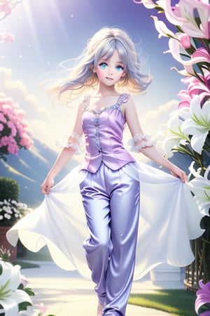 A full-body shot of a young girl with striking light blue eyes and long, thick eyelashes, reminiscent of 18-year-old Nicole Kidman, sporting messy hair. She stands elegantly in satin pants, adorned in a variety of beautiful little dresses and casual wear in popular styles, dancing joyfully to the music. The sky is filled with exquisite braids of lilies, creating a breathtaking backdrop. This high-quality illustration, influenced by the styles of Alphonse Mucha, Boris Valejo, and Anne Boonchuy, captures a dynamic and expressive scene, enhanced by modifiers like art_booster, BlackworkStyleManityro, WOWAI, and Apoloniasxmasbox.