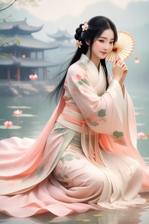 Close-up of a stunningly beautiful girl, Chinese Han Dynasty girl, with big eyes and long eyelashes that make her eyes more lively and beautiful, wearing Han Dynasty clothes and hairstyle, with stunning black hair and long She has thick eyelashes and holds a delicate bouquet of lotus flowers on her fingers. When she looked directly at the audience, she smiled. Her whole body exuded an otherworldly light, and every contour and object on her body seemed to be illuminated by light and sparkle. She couldn't help but dance a dance taught by her grandma at home in ancient times. It was very elegant and soft. After dancing, she took the paper umbrella and prepared to go back. In the quiet atmosphere of the summer night, the trees were tall and the river flowed quietly. Nocturnal creatures serenade them with their gentle chirps and croaks, and our protagonist acts like a lovely beacon. In Vadimka's new style, every detail has been carefully crafted to create a realistic style that exudes elegance and wonder. (Masterpiece 1.2, 8K) Depth of field.,source_furry,score_5_up,score_6_up,score_7_up,score_8_up,score_9,han fu