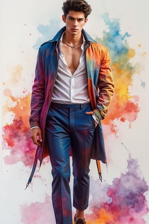 A beautiful European emo handsome guy, tall and sexy, with a well-proportioned figure, wears fashionable clothes exuding a casual yet elegant aristocratic feel. The artwork, created with watercolor and gouache splashes, showcases masterpiece quality and stunning imagery. 128K resolution captures colorful light wavelengths, mesmerizing reflections, and the beautiful gouache sketch in the center. The modern art style highlights beauty and sophistication.