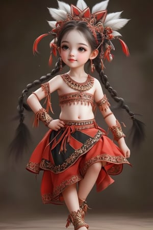 (Best Quality, 128K, High Resolution, Masterpiece: 1.2), Ultra Detailed, (Real: 1.37), Aboriginal girl, red and black harness, extremely white skin, long braided feathers, beautiful patterned shoes, accessories on arms, Beautiful detailed eyes, beautiful detailed lips, national costume, traditional pattern, graceful dancing traditional dance, graceful and charming pose, subtle smile, bright colors, bokeh lighting, portrait.