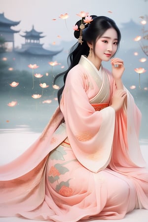 Close-up of a stunningly beautiful girl, Chinese Han Dynasty girl, with big eyes and long eyelashes that make her eyes more lively and beautiful, wearing Han Dynasty clothes and hairstyle, with stunning black hair and long She has thick eyelashes and holds a delicate bouquet of lotus flowers on her fingers. When she looked directly at the audience, she smiled. Her whole body exuded an otherworldly light, and every contour and object on her body seemed to be illuminated by light and sparkle. She couldn't help but dance a dance taught by her grandma at home in ancient times. It was very elegant and soft. After dancing, she took the paper umbrella and prepared to go back. In the quiet atmosphere of the summer night, the trees were tall and the river flowed quietly. Nocturnal creatures serenade them with their gentle chirps and croaks, and our protagonist acts like a lovely beacon. In Vadimka's new style, every detail has been carefully crafted to create a realistic style that exudes elegance and wonder. (Masterpiece 1.2, 8K) Depth of field.,source_furry,score_5_up,score_6_up,score_7_up,score_8_up,score_9,han fu