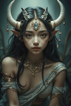 A beautiful ethereal creature with two long silver shiny horns, adorned with bracelets and armbands, showcasing delicate facial features, sharp eyes, long and thick eyelashes, plump lips, and sharp teeth. Wearing complex costumes, she embodies a fantasy creature, captured in a full-body shot with cinematic lighting, highly detailed, 128k photorealism, dramatic colors, and a moody atmosphere. The digital art showcases her mystical presence.