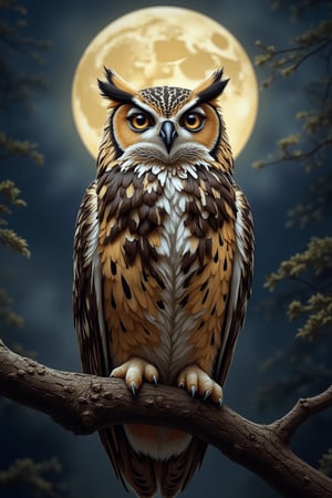 Solo, a digital official art image of a small owl tilting its head to look at the camera. A great photo, with the owl perched on a branch and a large moon in the background. A masterpiece.