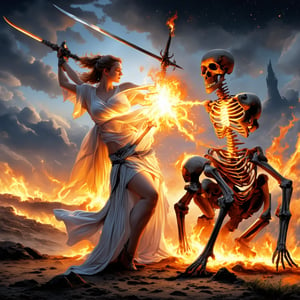 An oil painting in the style of Frank Frazetta, depicting a super sexy woman in a white transparent tunic, embodying the essence of a Vestal. She wields the Sword of Fire and Light, engaging in a fierce battle against a skeleton. The scene is illuminated by the fiery sword, casting a glow over the dark night. The stormy sky and fiery backdrop intensify the dramatic atmosphere, capturing the woman's intense and powerful presence as she confronts her skeletal foe.