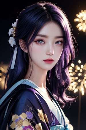 {{Masterpiece}}} A Korean supermodel girl wearing a beautiful traditional kimono, with purple-blue silky hair, long and dense eyelashes, and sharp eyes. Lots of fireworks, detailed textures, high quality, high resolution, high precision, realism, color correction, appropriate lighting settings, harmonious composition. Realism, depth of field, and pictures are outstanding works.