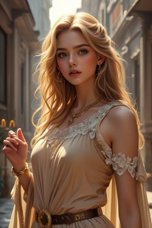 A stunning 8K CG masterpiece captures the essence of the bustling streets of ancient Rome, featuring a very beautiful woman with fair skin, long flowing hair as soft as silk, and exquisite, luxurious clothing. Her delicate face, smart eyes, long eyelashes, and delicate nose are displayed in detail, along with her earrings, bracelets, gold bracelets, and rings. Natural light gives her a beautiful glow, making her look even more beautiful as she holds vendor's goods with a delicate hand. Her eyes seem to contain the secrets of the ancient city. Shadows dance precisely across the scene, adding depth and dimension to this ultra-detailed, realistic illustration.