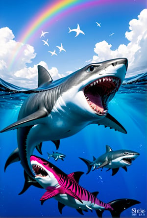 The American movie "Sharks Flying" is exaggerated, but it is shocking. It is an epic medium-sized movie about many sharks flying around in the sky. Although it is not a masterpiece, the number is so large, which increases the visual impact. feel. To add to the surprise, turn each shark into a rainbow of colors. Making the impossible possible, an epic medieval fantasy drama about a noble shark proudly a masterpiece, ink and ink design, official art.