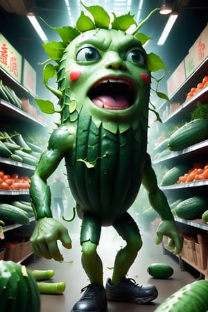 A close-up is captured of the frenzied face of a thousand cucumbers (anthropomorphic, with facial features and arms and legs), its usually soft green skin now flushed with panic as they run madly through the streets in large numbers. Overhead fluorescent lights cast an eerie glow on the produce stands, while store signs and logos blur into a chaotic background. The cucumber's arms waved wildly, and the leaves trembled urgently as they fled the scene. Light and shadow, anime style.,Apoloniasxmasbox,dragon_anything