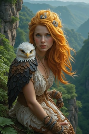 A majestic young woman with vibrant orange-blond locks cascading down her porcelain skin perches on a windswept cliffside, her unblemished features gazing directly at the viewer with an air of vulnerability. A regal eagle's piercing gaze beside her matches the observer's, its feathers rendered in exquisite detail against the lush forest's emerald hues and intricate textures.