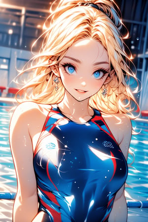 Masterpiece, dynamic swimming poses, best quality, super detailed, perfect anatomy, high detail, detailed background, beautiful face (big bright blue eyes with long eyelashes), girl, athletic body proportions 1:8, A beautiful face with perfectly proportioned facial features, a super detailed face, an oval face, and sexy lips with a slightly open mouth. Smiling, focused expression gazing at the viewer, long silky blond wavy hair tied back and shiny, wet hair combed back, blond hair tied into a ponytail, super detailed eyes, tarem, blue eyes, simple eyelids, Beautiful eyebrows, (eyelashes: 0.4), parted lips, focused gaze, (((Olympic swimming pool))), lane lines visible, {{{{start line background, intense action shot, mid-swim pose, arms stretched forward , competitive swimsuit, fashionable one-piece swimsuit, face goggles, }}} bright indoor lighting, water droplets on skin, dynamic angle, three-quarter view, perfect anatomy, 5 fingers, Please put the prompt words above Show it with game images. Super masterpiece. beautiful_female_fingers, streamlined hand position, motion blur, action lines, water splash, tanned skin, muscular shoulders and arms, score_9, score_8_up, score_7_up, whole body.