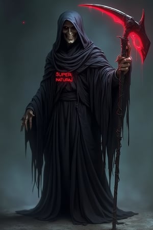 A scary grim reaper with an evil face and black length outfit, standing holding a large curvy scythe in hand, full body length. Words in red color read SuperNatural in a cartoon style image with a 3D background and 4K resolution. AssassinKahb style.